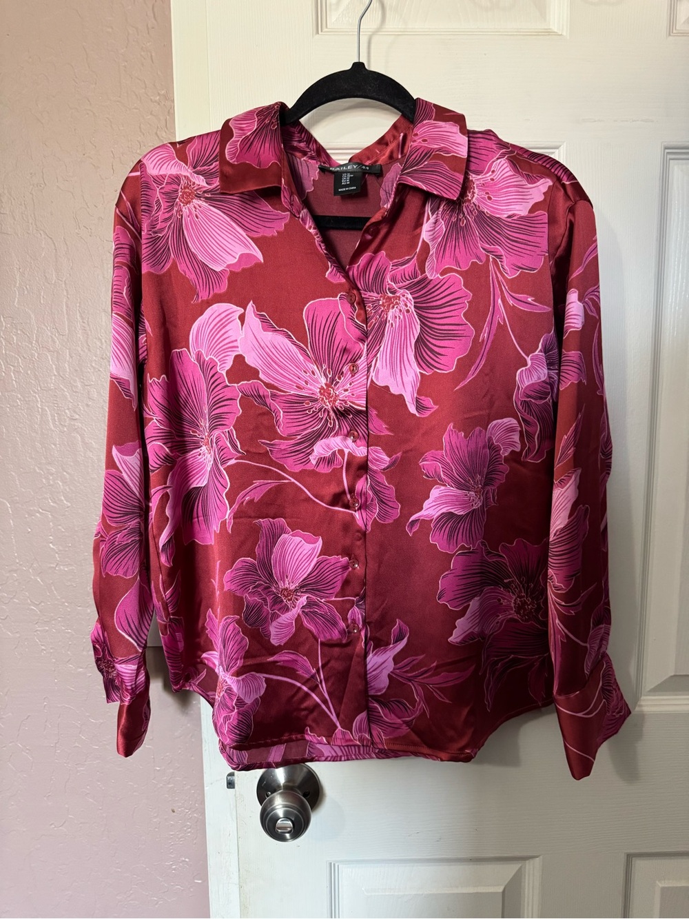 Floral Button-Front Satin Blouse - Pink on Burgundy